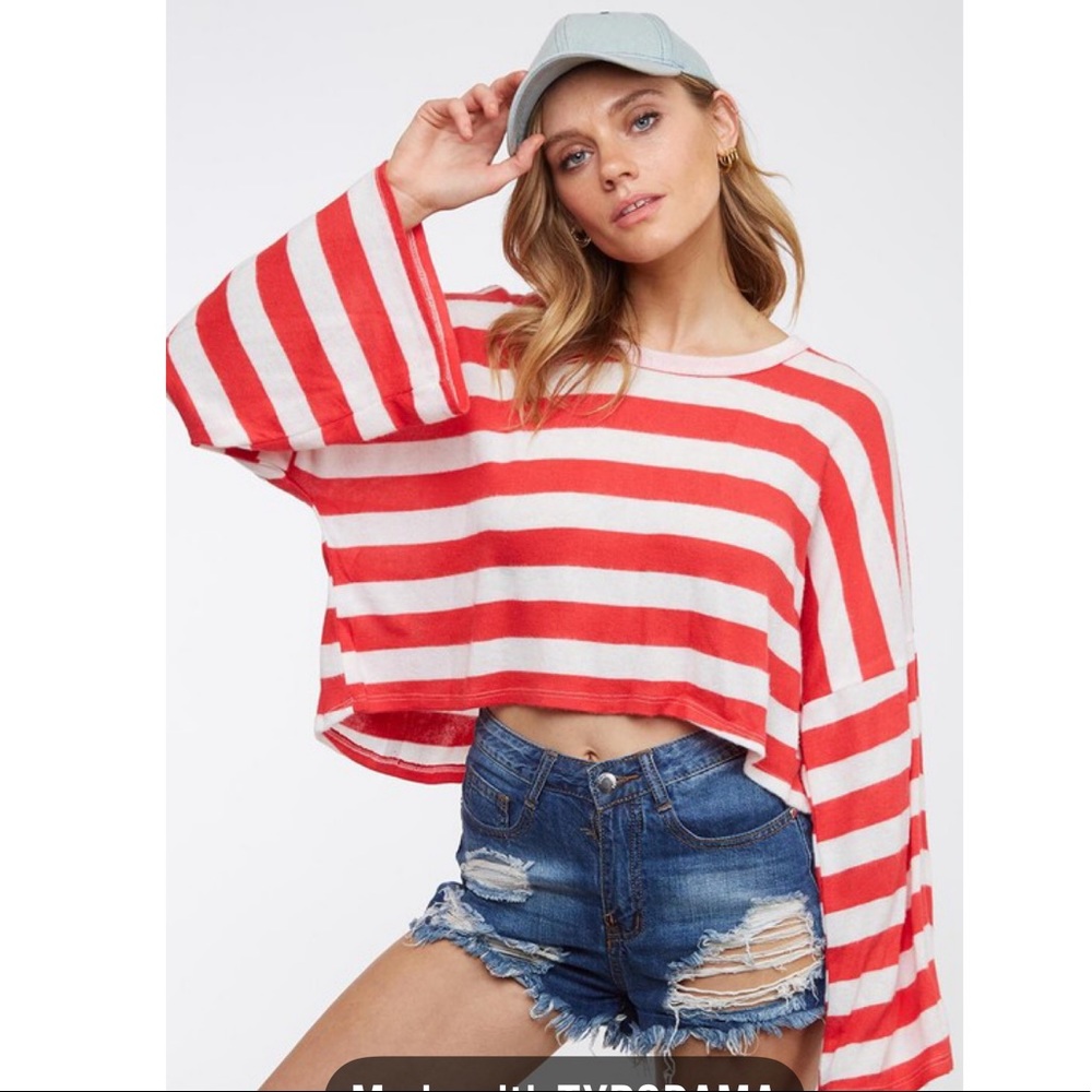 NWT! Striped Long Sleeve Crop Tee w/Bell Sleeves
